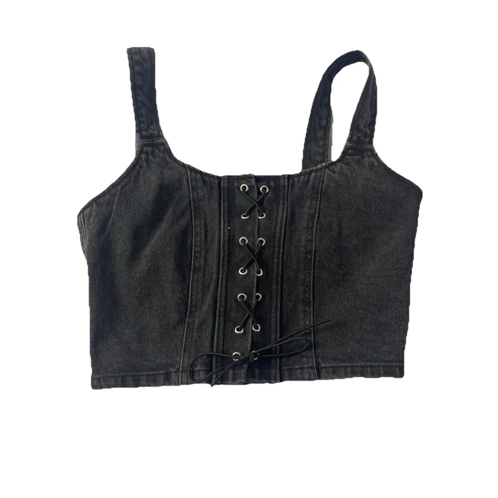 Black Lace-Up Denim Crop Top, NWT.